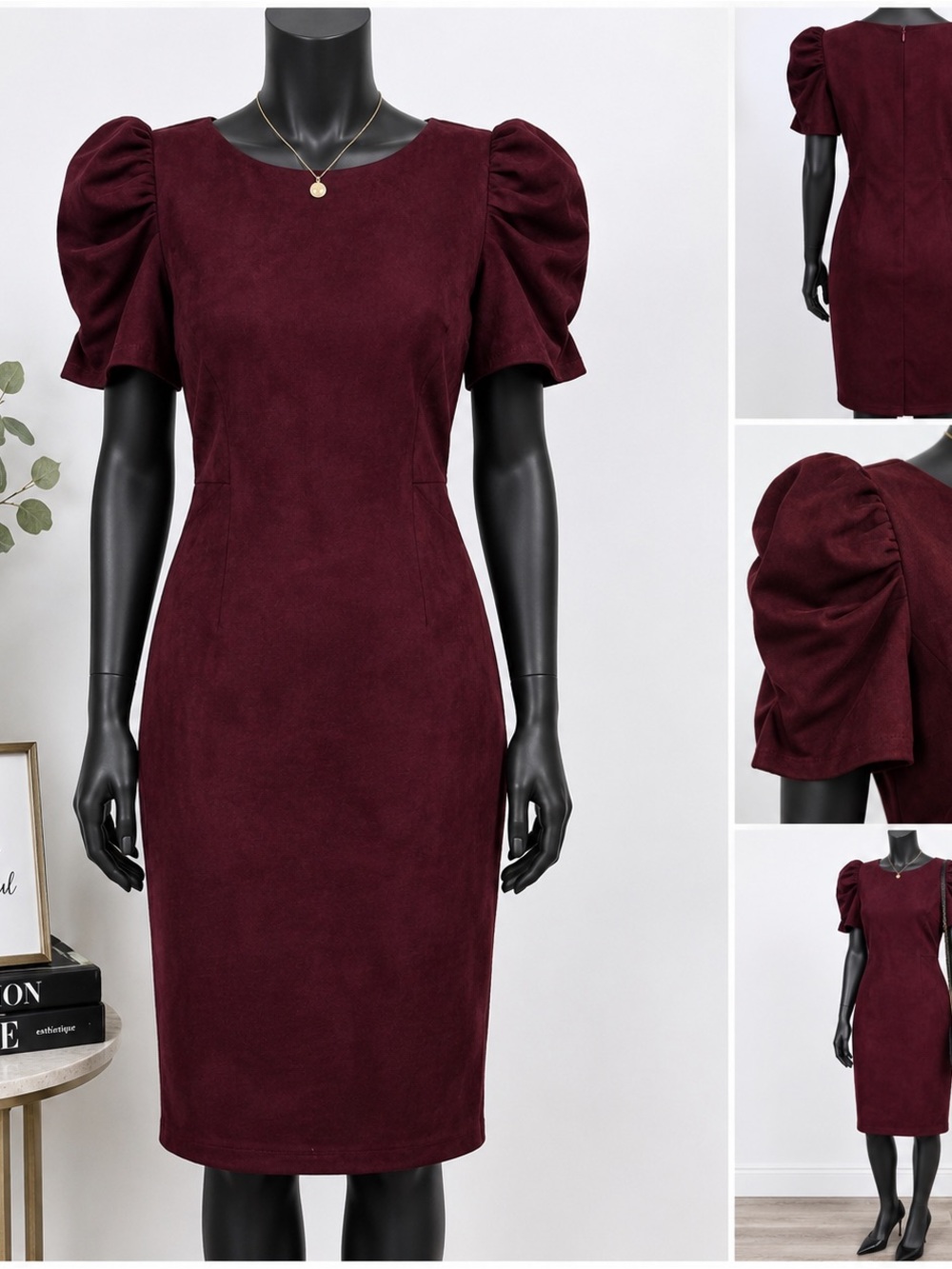 Shelby & Palmer Dress Size 6 Burgundy Faux Suede Puff Sleeve Sheath Midi